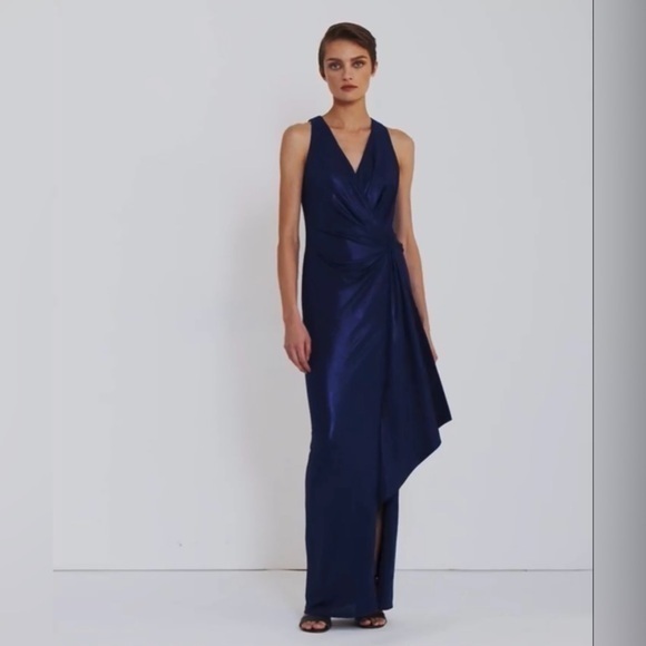 LAUREN RALPH LAUREN Foil-Print
Jersey Surplice Slit Front lapis sea Gown nwt - Picture 1 of 10